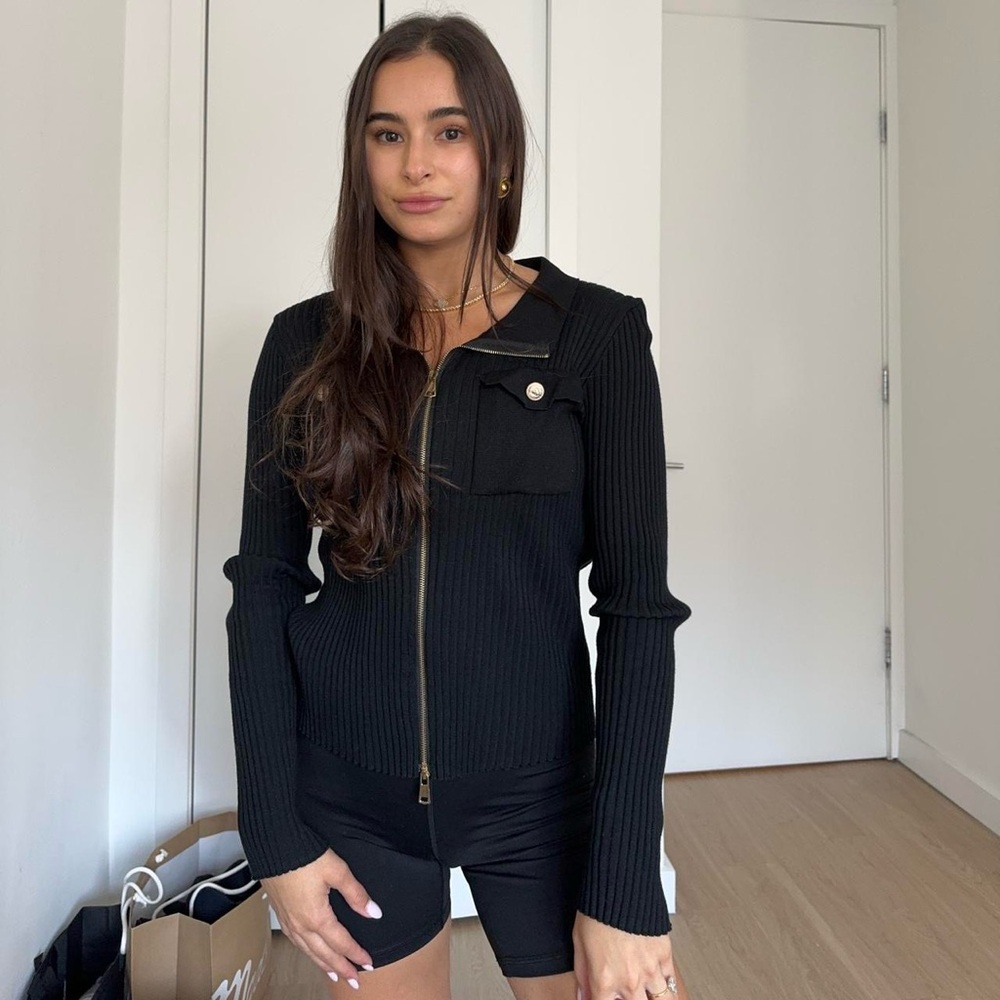 Black zip up cardigan sweater with gold buttons and zipper - Picture 3 of 4